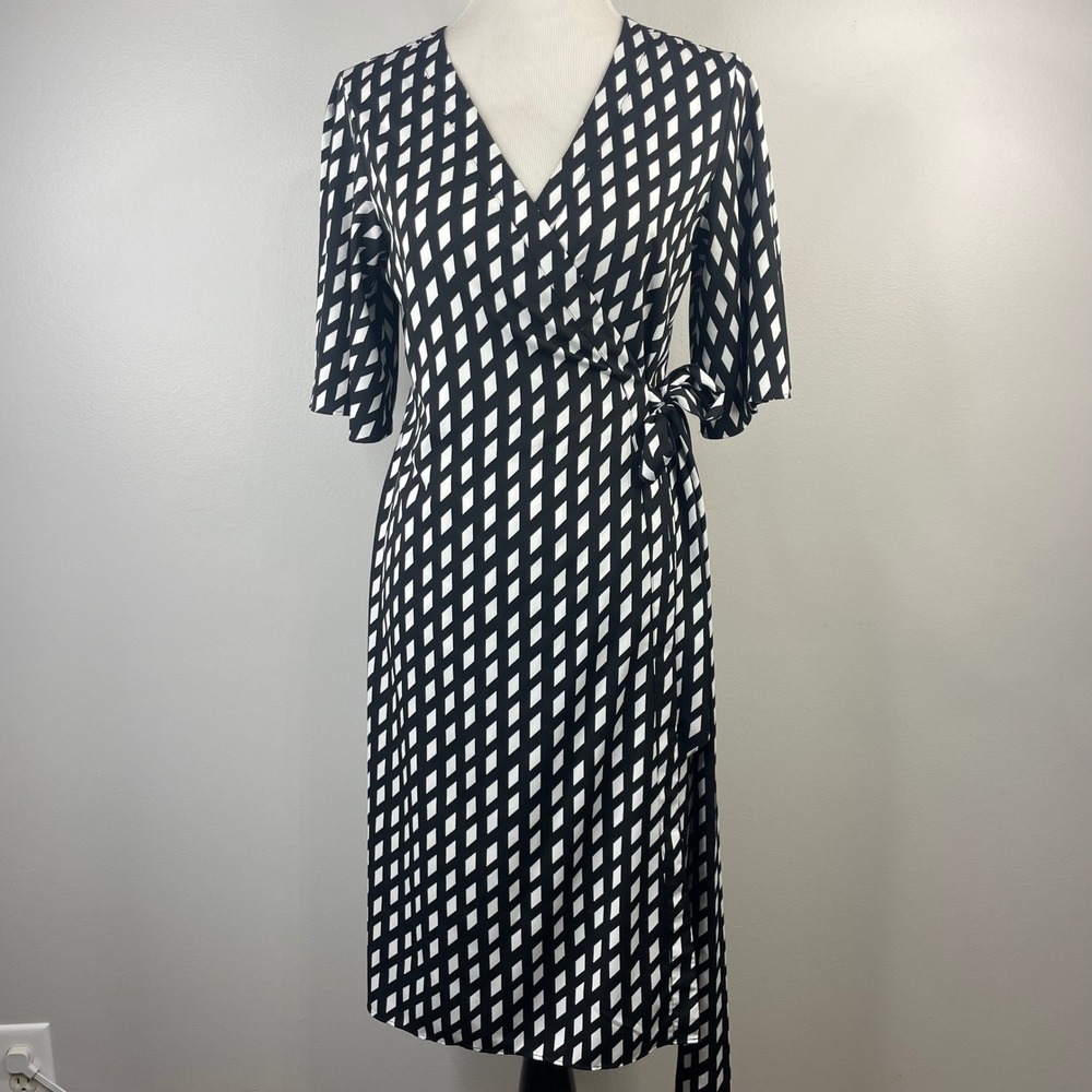 Banana Republic Black White Diamond Print Wrap Dress Short Sleeve 6 S/193043-00 - Picture 2 of 13